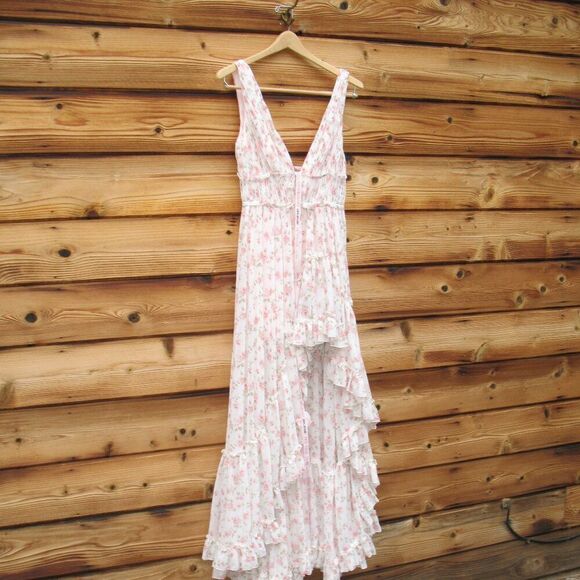 MAC DUGGAL  White Multicolor Floral Print Sleeveless Ruffled High-Low Gown - Picture 6 of 13